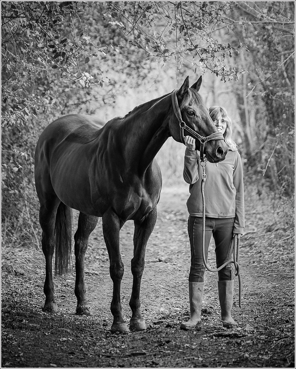 Equine photography. Girl with her horse. Black and white photography
