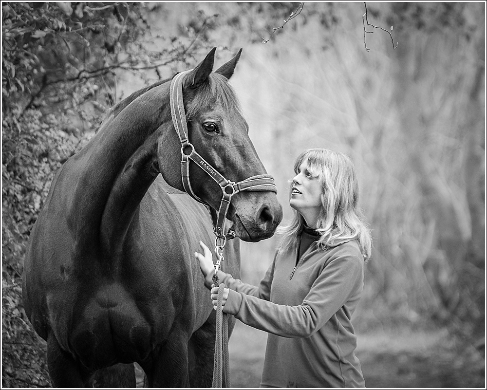Equine photography. Girl with her horse. Black and white photography